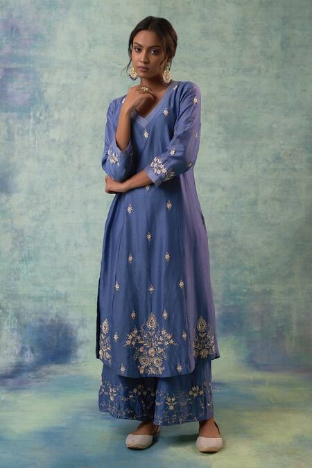 Sonia Khatri Blue Silk, Organza Sequins, Embroidery V-neck Buttercup Flora Kurta Palazzo Set Online at Aza Fashions Sonia Khatri_Blue Silk, Organza Sequins, Embroidery V-neck Buttercup Flora Kurta Palazzo Set _Online_at_Aza_Fashions