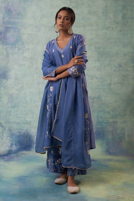 Buy Sonia Khatri Blue Silk, Organza Sequins, Embroidery V-neck Buttercup Flora Kurta Palazzo Set Online at Aza Fashions Buy_Sonia Khatri_Blue Silk, Organza Sequins, Embroidery V-neck Buttercup Flora Kurta Palazzo Set _Online_at_Aza_Fashions