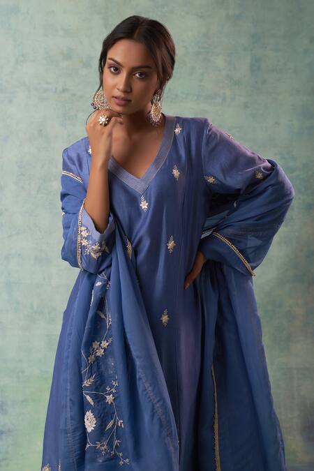 Shop Sonia Khatri Blue Silk, Organza Sequins, Embroidery V-neck Buttercup Flora Kurta Palazzo Set Online at Aza Fashions Shop_Sonia Khatri_Blue Silk, Organza Sequins, Embroidery V-neck Buttercup Flora Kurta Palazzo Set _Online_at_Aza_Fashions