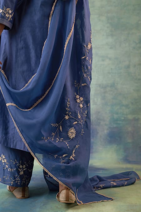 Sonia Khatri Blue Silk, Organza Sequins, Embroidery V-neck Buttercup Flora Kurta Palazzo Set at Aza Fashions Sonia Khatri_Blue Silk, Organza Sequins, Embroidery V-neck Buttercup Flora Kurta Palazzo Set _at_Aza_Fashions