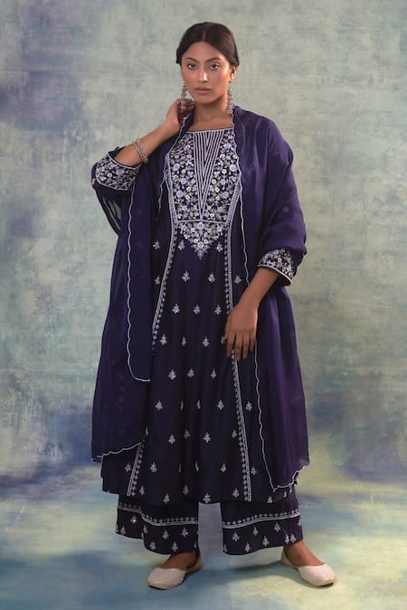 Sonia Khatri Blue Organza, Silk Sequins, Beads, Embroidery Daisy Garden Anarkali Palazzo Set 