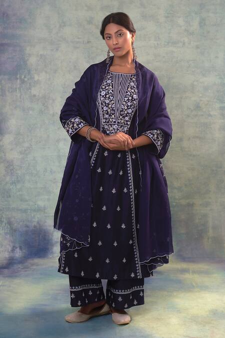 Sonia Khatri_Blue Organza, Silk Sequins, Beads, Embroidery Daisy Garden Anarkali Palazzo Set _Online_at_Aza_Fashions