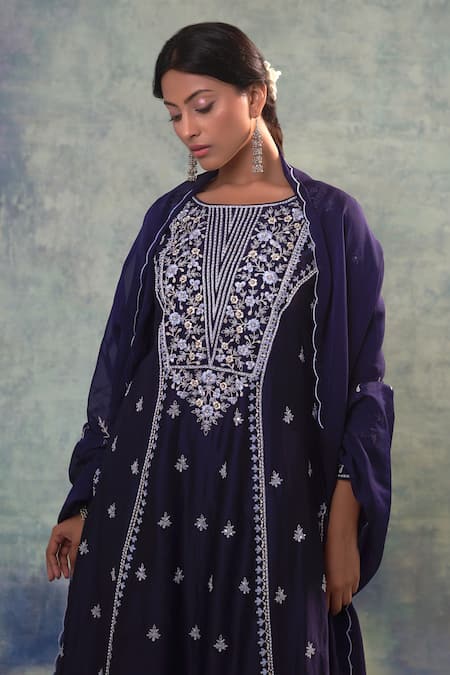 Buy_Sonia Khatri_Blue Organza, Silk Sequins, Beads, Embroidery Daisy Garden Anarkali Palazzo Set _Online_at_Aza_Fashions