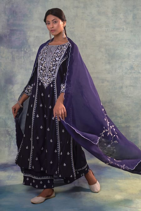 Shop_Sonia Khatri_Blue Organza, Silk Sequins, Beads, Embroidery Daisy Garden Anarkali Palazzo Set _Online_at_Aza_Fashions