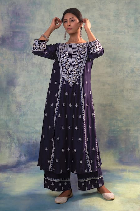 Sonia Khatri_Blue Organza, Silk Sequins, Beads, Embroidery Daisy Garden Anarkali Palazzo Set _at_Aza_Fashions