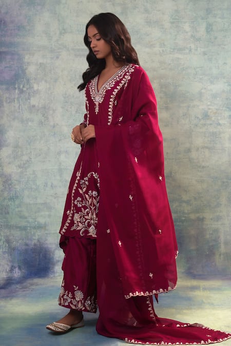 Sonia Khatri_Wine Organza, Silk Embroidery, Zari, Sequins Flora Anarkali Palazzo Set _Online_at_Aza_Fashions