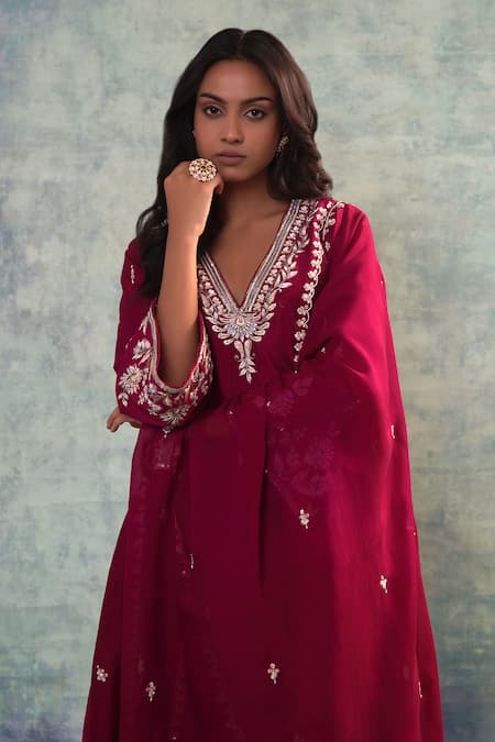 Buy_Sonia Khatri_Wine Organza, Silk Embroidery, Zari, Sequins Flora Anarkali Palazzo Set _Online_at_Aza_Fashions