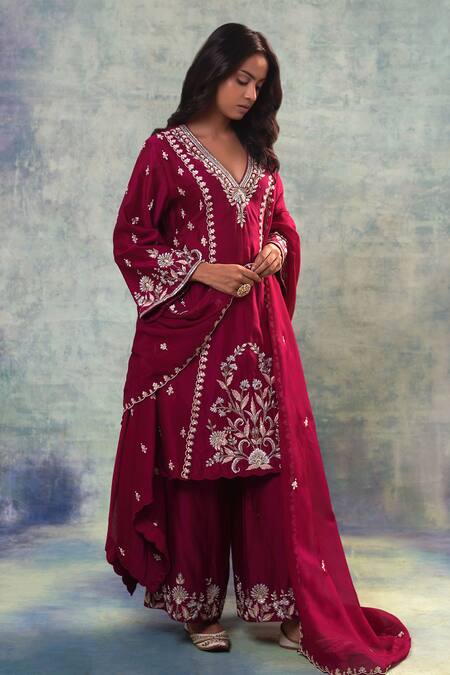 Shop_Sonia Khatri_Wine Organza, Silk Embroidery, Zari, Sequins Flora Anarkali Palazzo Set _Online_at_Aza_Fashions