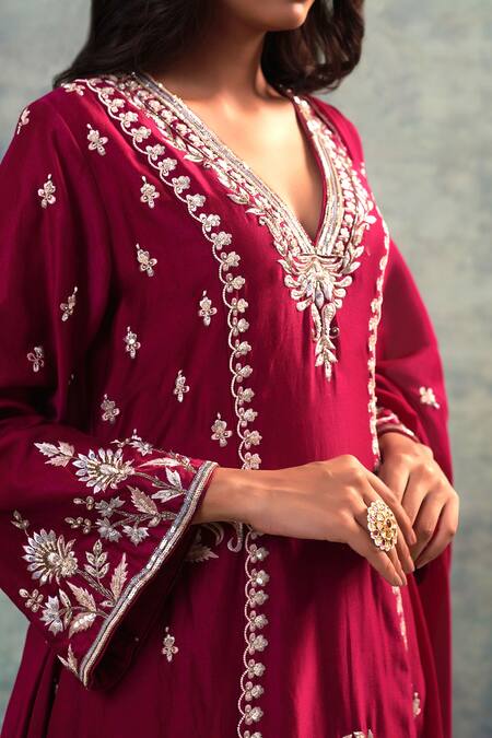 Sonia Khatri_Wine Organza, Silk Embroidery, Zari, Sequins Flora Anarkali Palazzo Set _at_Aza_Fashions