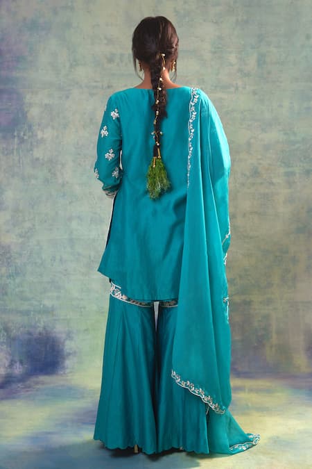 Shop Sonia Khatri Blue Organza, Silk Sequins, Embroidery Round Neck Petunia Kurta Palazzo Set at Aza Fashions Shop_Sonia Khatri_Blue Organza, Silk Sequins, Embroidery Round Neck Petunia Kurta Palazzo Set _at_Aza_Fashions