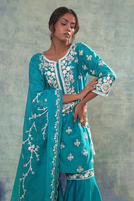 Sonia Khatri Blue Organza, Silk Sequins, Embroidery Round Neck Petunia Kurta Palazzo Set Online at Aza Fashions Sonia Khatri_Blue Organza, Silk Sequins, Embroidery Round Neck Petunia Kurta Palazzo Set _Online_at_Aza_Fashions