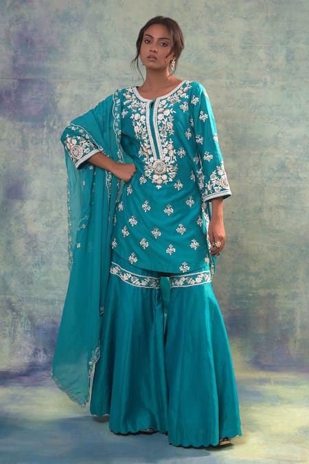 Buy Sonia Khatri Blue Organza, Silk Sequins, Embroidery Round Neck Petunia Kurta Palazzo Set Online at Aza Fashions Buy_Sonia Khatri_Blue Organza, Silk Sequins, Embroidery Round Neck Petunia Kurta Palazzo Set _Online_at_Aza_Fashions
