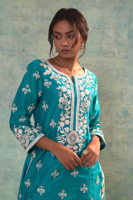 Shop Sonia Khatri Blue Organza, Silk Sequins, Embroidery Round Neck Petunia Kurta Palazzo Set Online at Aza Fashions Shop_Sonia Khatri_Blue Organza, Silk Sequins, Embroidery Round Neck Petunia Kurta Palazzo Set _Online_at_Aza_Fashions