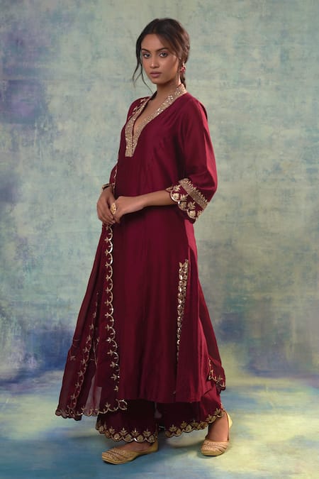 Buy Sonia Khatri Maroon Organza, Silk Sequins, Embroidery V-neck Dahlia Anarkali Palazzo Set Online at Aza Fashions Buy_Sonia Khatri_Maroon Organza, Silk Sequins, Embroidery V-neck Dahlia Anarkali Palazzo Set _Online_at_Aza_Fashions