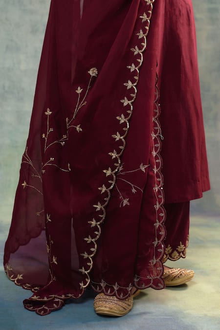 Shop Sonia Khatri Maroon Organza, Silk Sequins, Embroidery V-neck Dahlia Anarkali Palazzo Set Online at Aza Fashions Shop_Sonia Khatri_Maroon Organza, Silk Sequins, Embroidery V-neck Dahlia Anarkali Palazzo Set _Online_at_Aza_Fashions