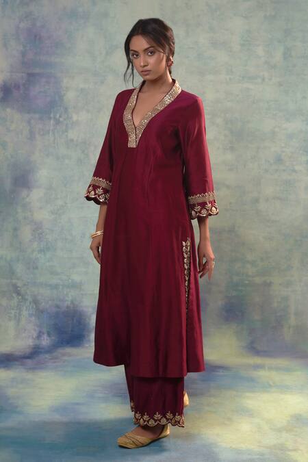 Sonia Khatri Maroon Organza, Silk Sequins, Embroidery V-neck Dahlia Anarkali Palazzo Set at Aza Fashions Sonia Khatri_Maroon Organza, Silk Sequins, Embroidery V-neck Dahlia Anarkali Palazzo Set _at_Aza_Fashions