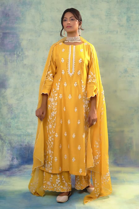 Sonia Khatri Yellow Organza, Silk Sequins, Beads, Pearls, Blossom Flora Anarkali Palazzo Set 