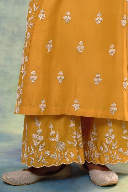 Buy Sonia Khatri Yellow Organza, Silk Sequins, Beads, Pearls, Blossom Flora Anarkali Palazzo Set Buy_Sonia Khatri_Yellow Organza, Silk Sequins, Beads, Pearls, Blossom Flora Anarkali Palazzo Set
