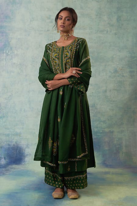 Sonia Khatri Green Organza, Silk Sequins, Embroidery Round Bloom Garden Anarkali Palazzo Set 
