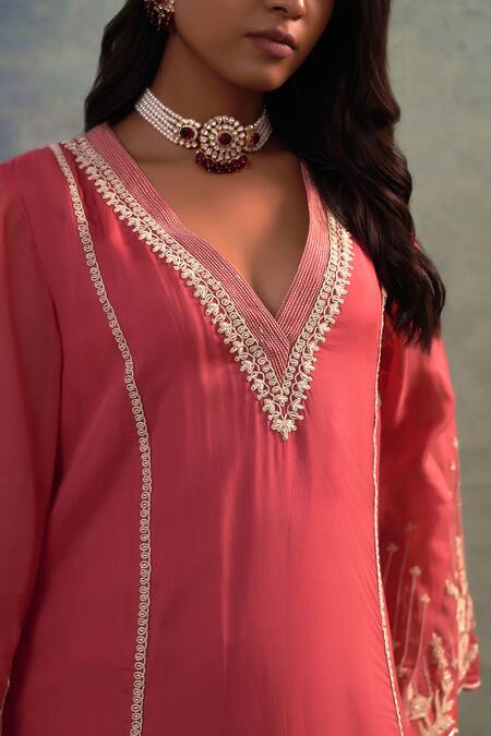 Shop_Sonia Khatri_Pink Organza Embroidery V-neck Floral Garden Kurta With Pant _Online_at_Aza_Fashions