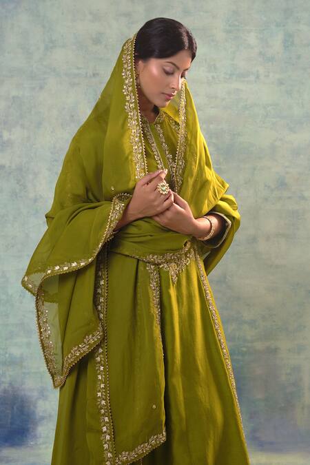 Sonia Khatri_Green Organza, Silk Embroidery Mandarin Floral Vine Anarakali Palazzo Set _Online_at_Aza_Fashions