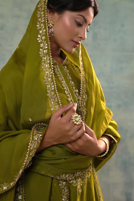 Buy_Sonia Khatri_Green Organza, Silk Embroidery Mandarin Floral Vine Anarakali Palazzo Set _Online_at_Aza_Fashions