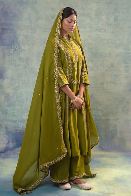 Shop_Sonia Khatri_Green Organza, Silk Embroidery Mandarin Floral Vine Anarakali Palazzo Set _Online_at_Aza_Fashions
