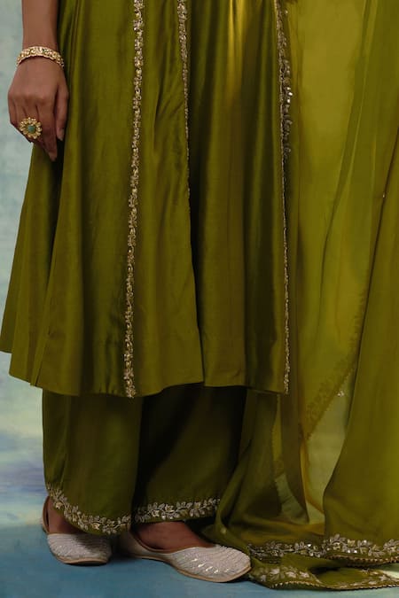 Sonia Khatri_Green Organza, Silk Embroidery Mandarin Floral Vine Anarakali Palazzo Set _at_Aza_Fashions
