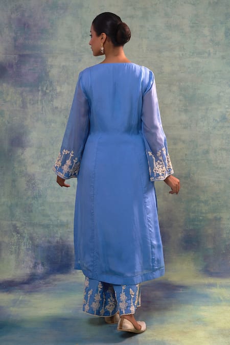 Shop Sonia Khatri Blue Organza Embroidery, Pearls V-neck Rafflesia Flora Kurta Palazzo Set at Aza Fashions Shop_Sonia Khatri_Blue Organza Embroidery, Pearls V-neck Rafflesia Flora Kurta Palazzo Set _at_Aza_Fashions