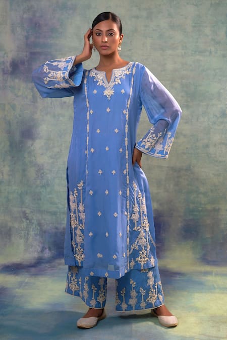 Shop Sonia Khatri Blue Organza Embroidery, Pearls V-neck Rafflesia Flora Kurta Palazzo Set Online at Aza Fashions Shop_Sonia Khatri_Blue Organza Embroidery, Pearls V-neck Rafflesia Flora Kurta Palazzo Set _Online_at_Aza_Fashions