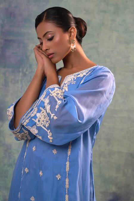 Sonia Khatri Blue Organza Embroidery, Pearls V-neck Rafflesia Flora Kurta Palazzo Set at Aza Fashions Sonia Khatri_Blue Organza Embroidery, Pearls V-neck Rafflesia Flora Kurta Palazzo Set _at_Aza_Fashions