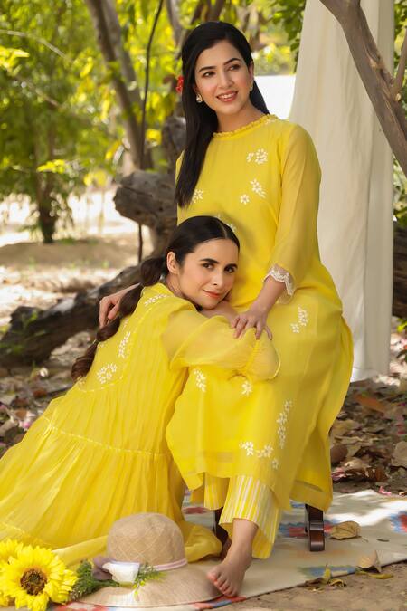 Charu Makkar_Yellow Chanderi, Cotton Embroidery, Lace Daisy Hand Painted Kurta With Pant_Online_at_Aza_Fashions