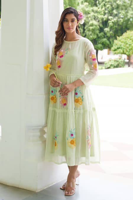 Shop_Charu Makkar_Green Chanderi Cotton Embroidery, Patchwork Boat Blossom Tiered Dress With Slip _at_Aza_Fashions