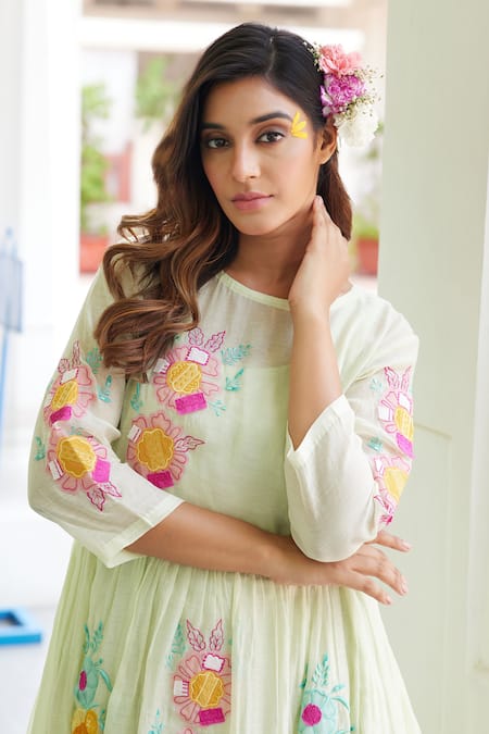 Charu Makkar_Green Chanderi Cotton Embroidery, Patchwork Boat Blossom Tiered Dress With Slip _Online_at_Aza_Fashions