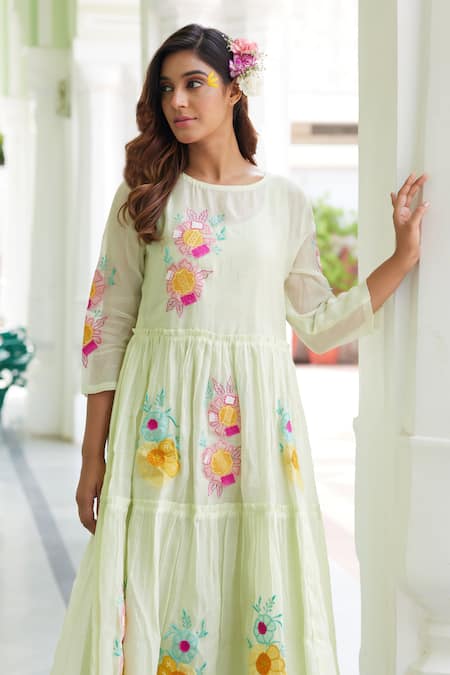 Buy_Charu Makkar_Green Chanderi Cotton Embroidery, Patchwork Boat Blossom Tiered Dress With Slip _Online_at_Aza_Fashions