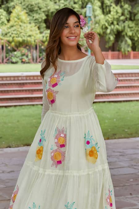 Shop_Charu Makkar_Green Chanderi Cotton Embroidery, Patchwork Boat Blossom Tiered Dress With Slip _Online_at_Aza_Fashions