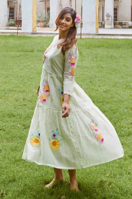 Charu Makkar_Green Chanderi Cotton Embroidery, Patchwork Boat Blossom Tiered Dress With Slip _at_Aza_Fashions