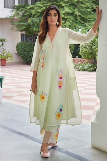 Charu Makkar Green Chanderi Cotton Embroidery Flora Garden Patch Anarkali With Pant 