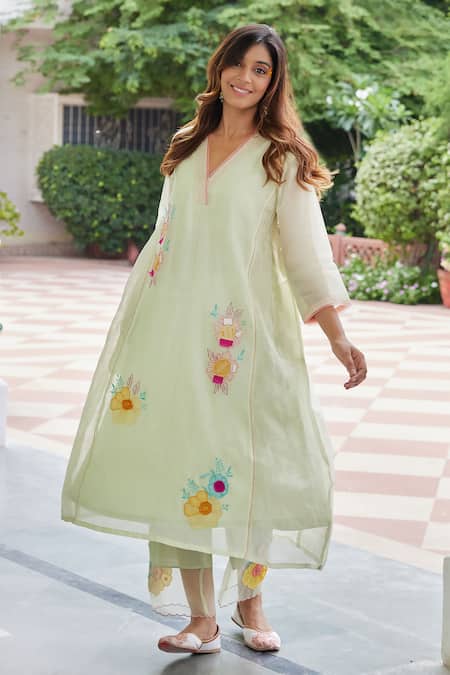 Shop Charu Makkar Green Chanderi Cotton Embroidery, Patchwork Flora Garden Anarkali With Pant Online at Aza Fashions Shop_Charu Makkar_Green Chanderi Cotton Embroidery, Patchwork Flora Garden Anarkali With Pant _Online_at_Aza_Fashions