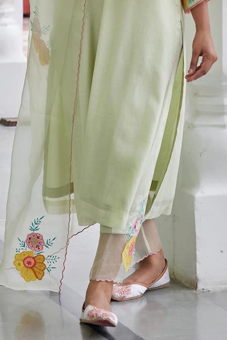 Shop Charu Makkar Green Chanderi Cotton, Organza Embroidery, Blossom Garden Work Kurta Pant Set Online at Aza Fashions Shop_Charu Makkar_Green Chanderi Cotton, Organza Embroidery, Blossom Garden Work Kurta Pant Set_Online_at_Aza_Fashions