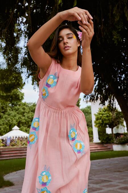 Charu Makkar_Peach Chanderi Cotton Embroidery, Patchwork Round Neck Flora Tiered Dress_Online_at_Aza_Fashions