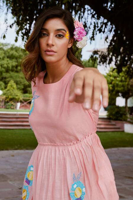 Buy_Charu Makkar_Peach Chanderi Cotton Embroidery, Patchwork Round Neck Flora Tiered Dress_Online_at_Aza_Fashions