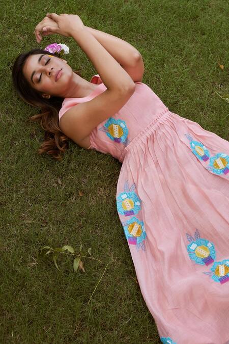 Shop_Charu Makkar_Peach Chanderi Cotton Embroidery, Patchwork Round Neck Flora Tiered Dress_Online_at_Aza_Fashions