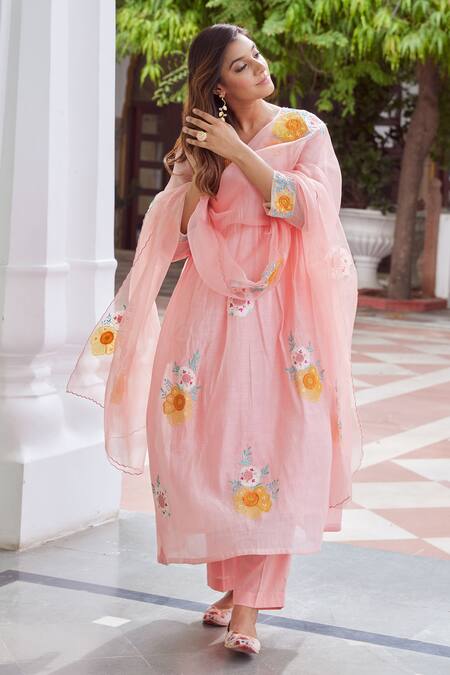 Charu Makkar Peach Chanderi Cotton Embroidery, Patchwork Petunia Garden Anarkali With Pant Online at Aza Fashions Charu Makkar_Peach Chanderi Cotton Embroidery, Patchwork Petunia Garden Anarkali With Pant_Online_at_Aza_Fashions