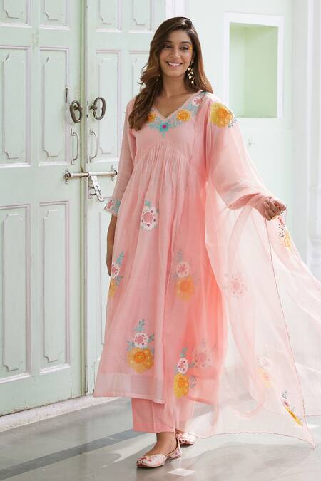 Charu Makkar Peach Chanderi Cotton Embroidery, Patchwork Petunia Garden Anarkali With Pant at Aza Fashions Charu Makkar_Peach Chanderi Cotton Embroidery, Patchwork Petunia Garden Anarkali With Pant_at_Aza_Fashions