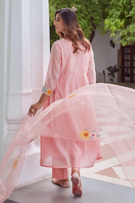 Shop_Charu Makkar_Peach Chanderi Cotton, Organza Applique, Floral Garden Patch Anarkali Pant Set _at_Aza_Fashions