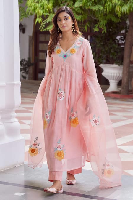 Shop_Charu Makkar_Peach Chanderi Cotton, Organza Applique, Floral Garden Patch Anarkali Pant Set _Online_at_Aza_Fashions
