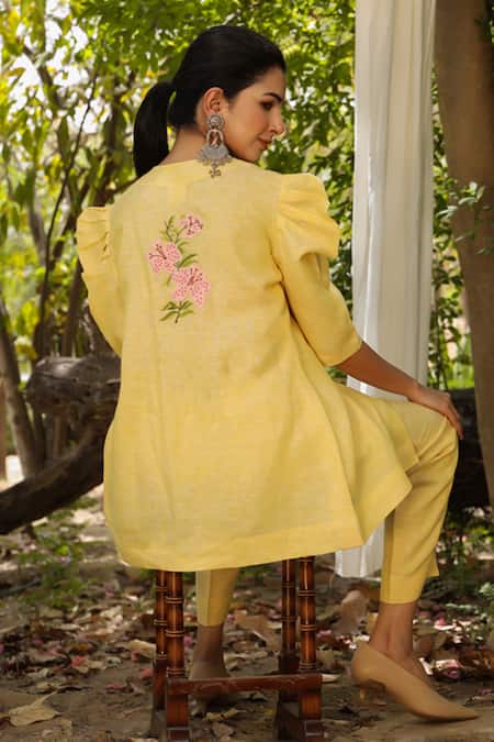 Shop_Charu Makkar_Yellow Linen Patchwork V-neck Back Rafflesia Work Jacket With Pant _at_Aza_Fashions