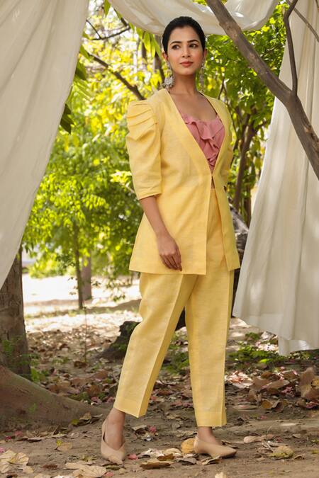 Charu Makkar_Yellow Linen Patchwork V-neck Back Rafflesia Work Jacket With Pant _Online_at_Aza_Fashions