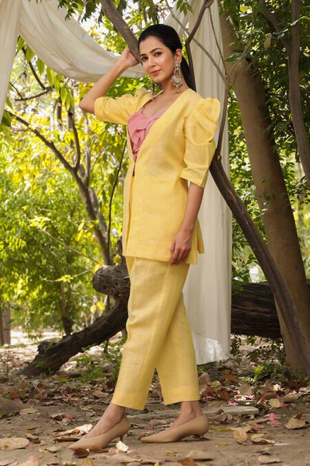 Shop_Charu Makkar_Yellow Linen Patchwork V-neck Back Rafflesia Work Jacket With Pant _Online_at_Aza_Fashions